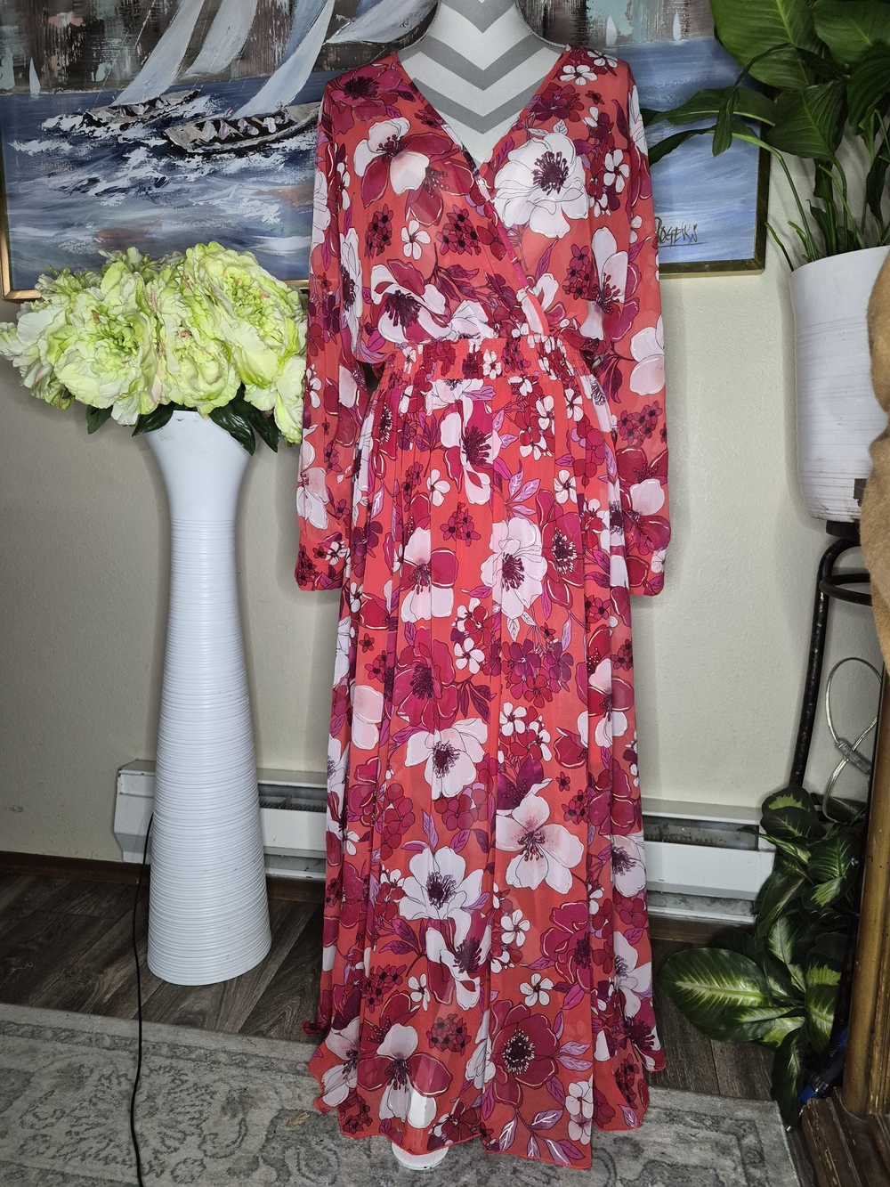 Floral Wrap Maxi Dress - Pink Red